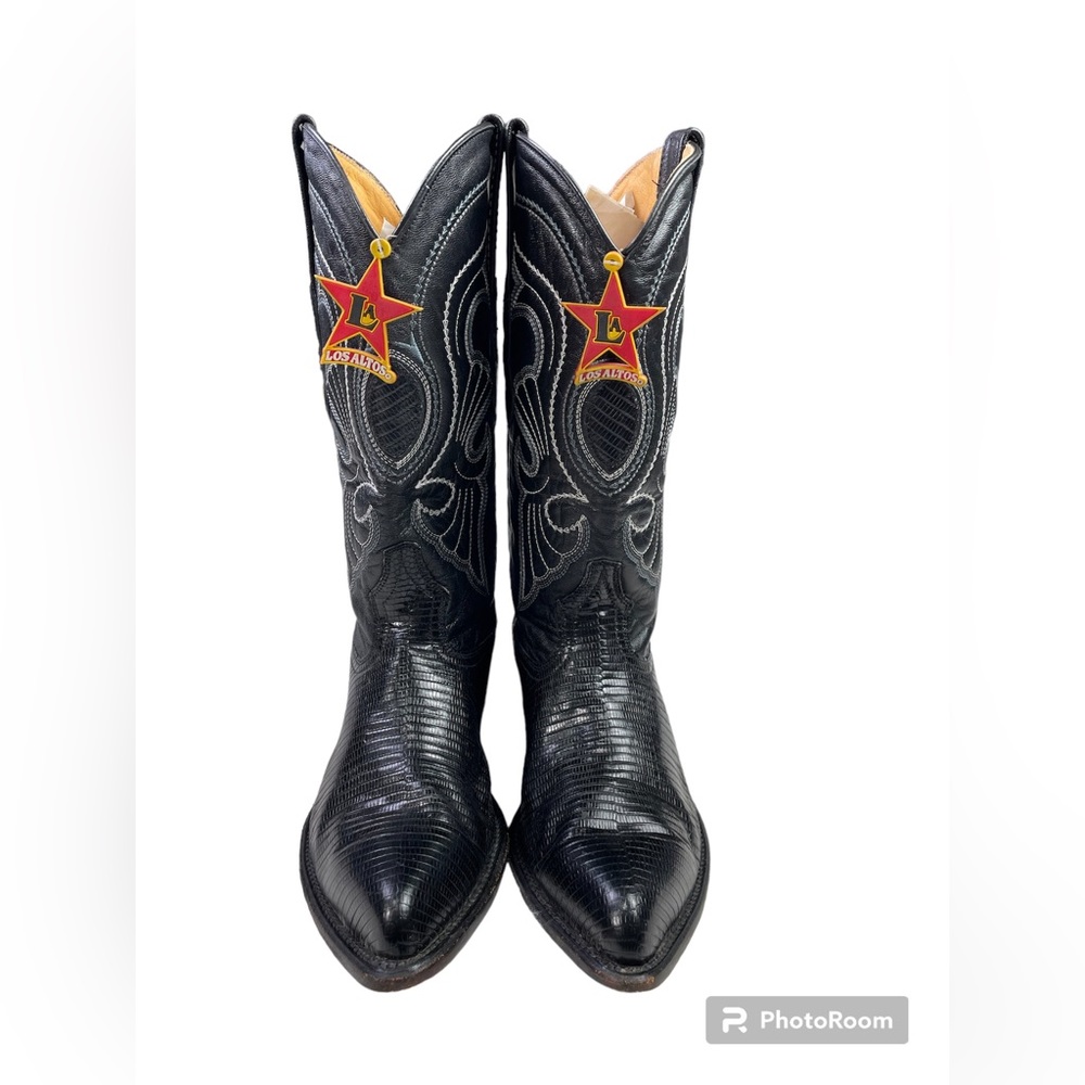 Black Men's Western Leather Cowboy Boots with Star Patch